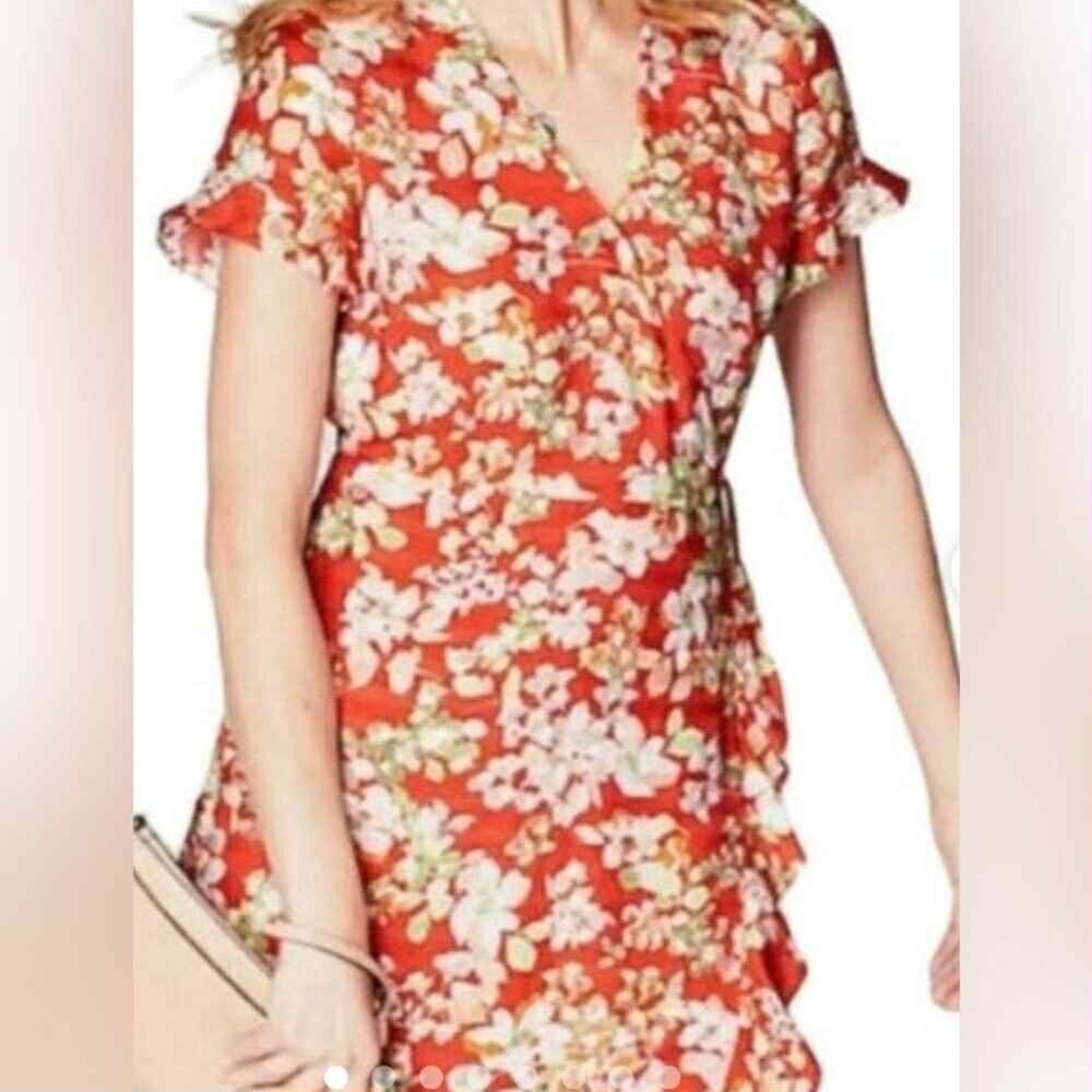 J Jill Floral Red Ruffle Wrap Dress, size M Tall